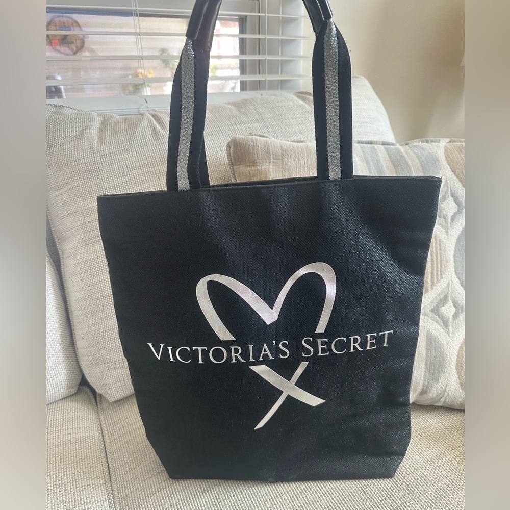 Victoria's Secret Black and Silver Glitter Heavy Canvas Heart Tote